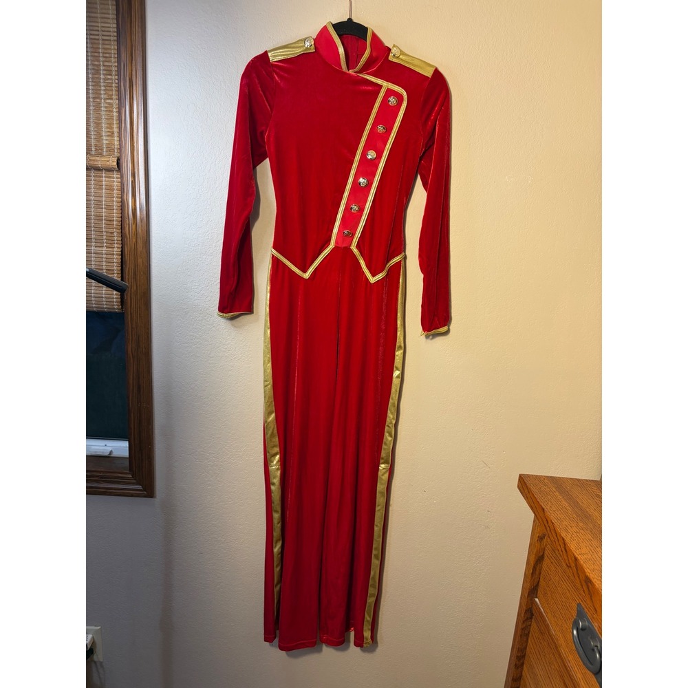 Weissman Red Velvet Military Dance Jumpsuit Gold Trim Performance Costume SA